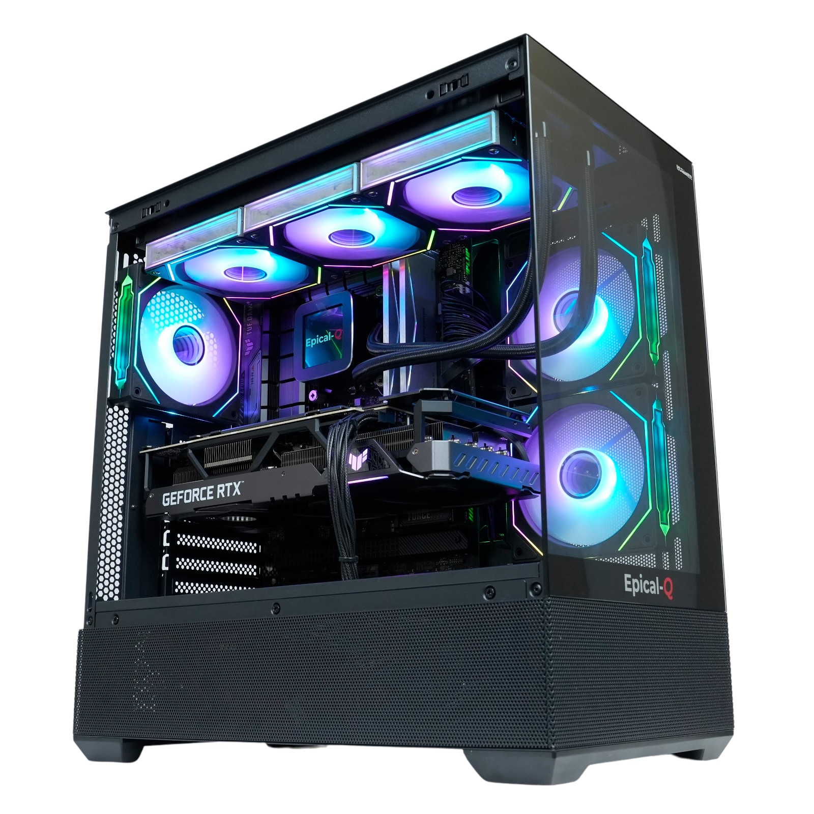 Una caja de computadora negra con luces coloridas, un panel lateral de vidrio y componentes internos visibles.