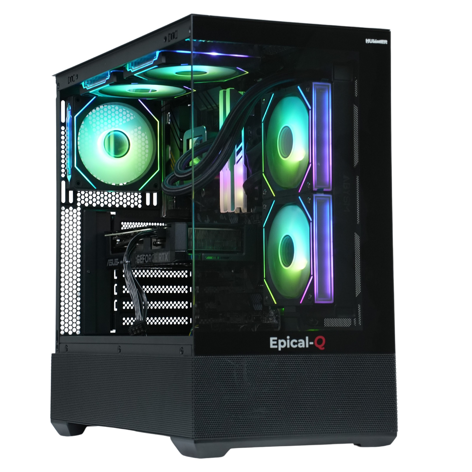 Caja de computadora negra con panel lateral de vidrio, componentes internos y luces coloridas. La marca es Epical-Q.