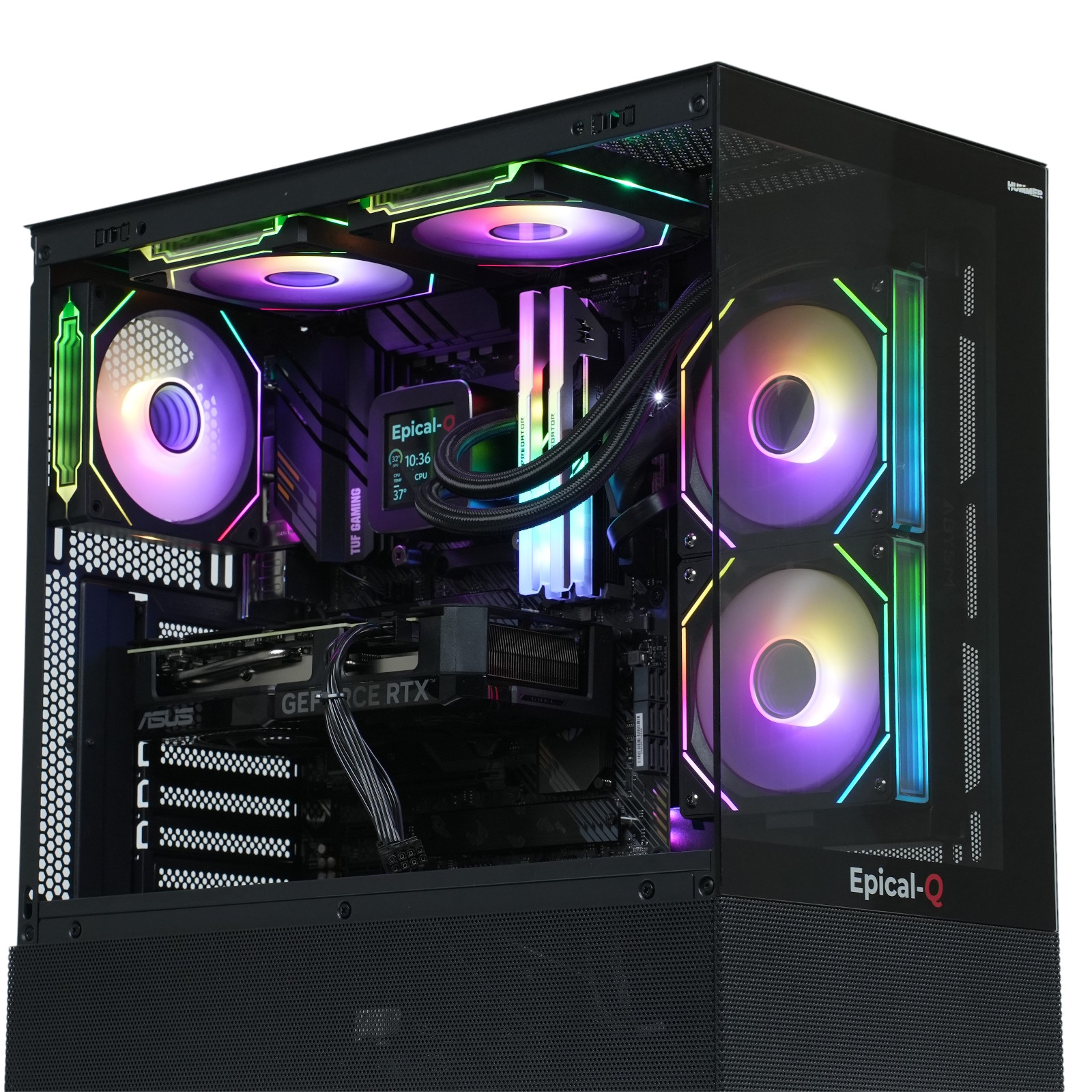 Caja de ordenador negra con ventiladores RGB y refrigeración líquida. Componentes internos visibles.