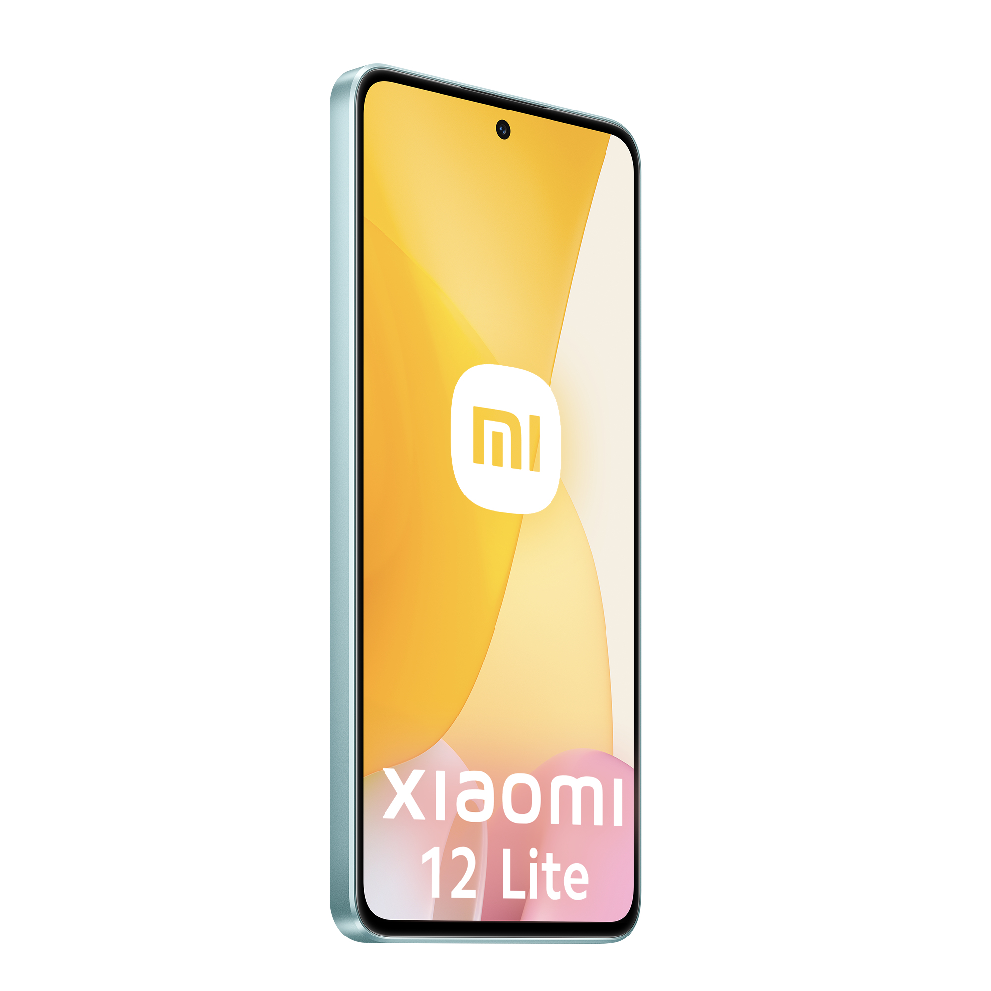 Jasnoniebieski smartfon Xiaomi 12 Lite, ekran wyświetlający logo i tekst, na białym tle.