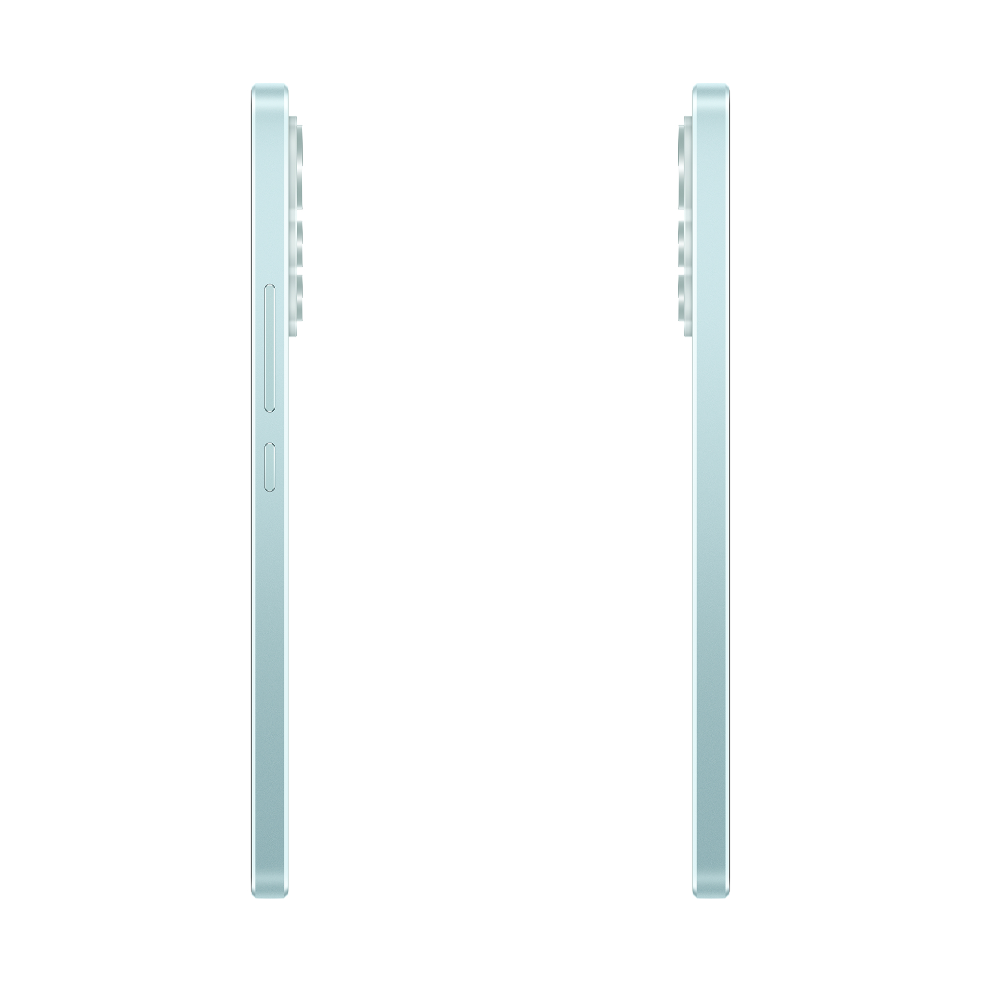 Dwa jasnoniebieskie telefony. Pokazano boki telefonów z przyciskami i aparatem.