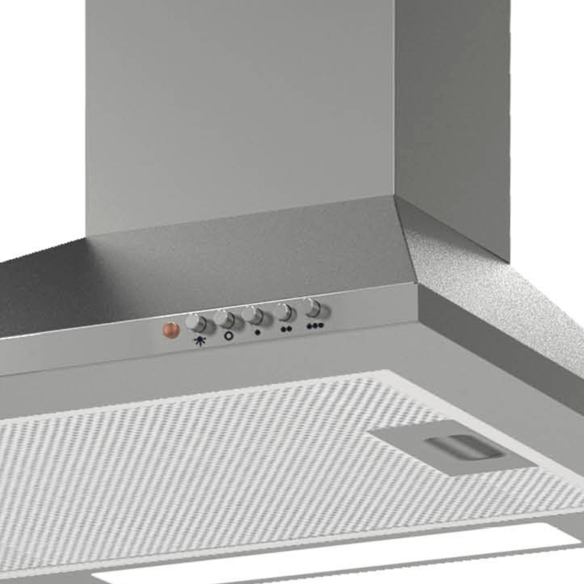 Cappa in acciaio inox. Controlli e griglia visibili. Superficie bianca.