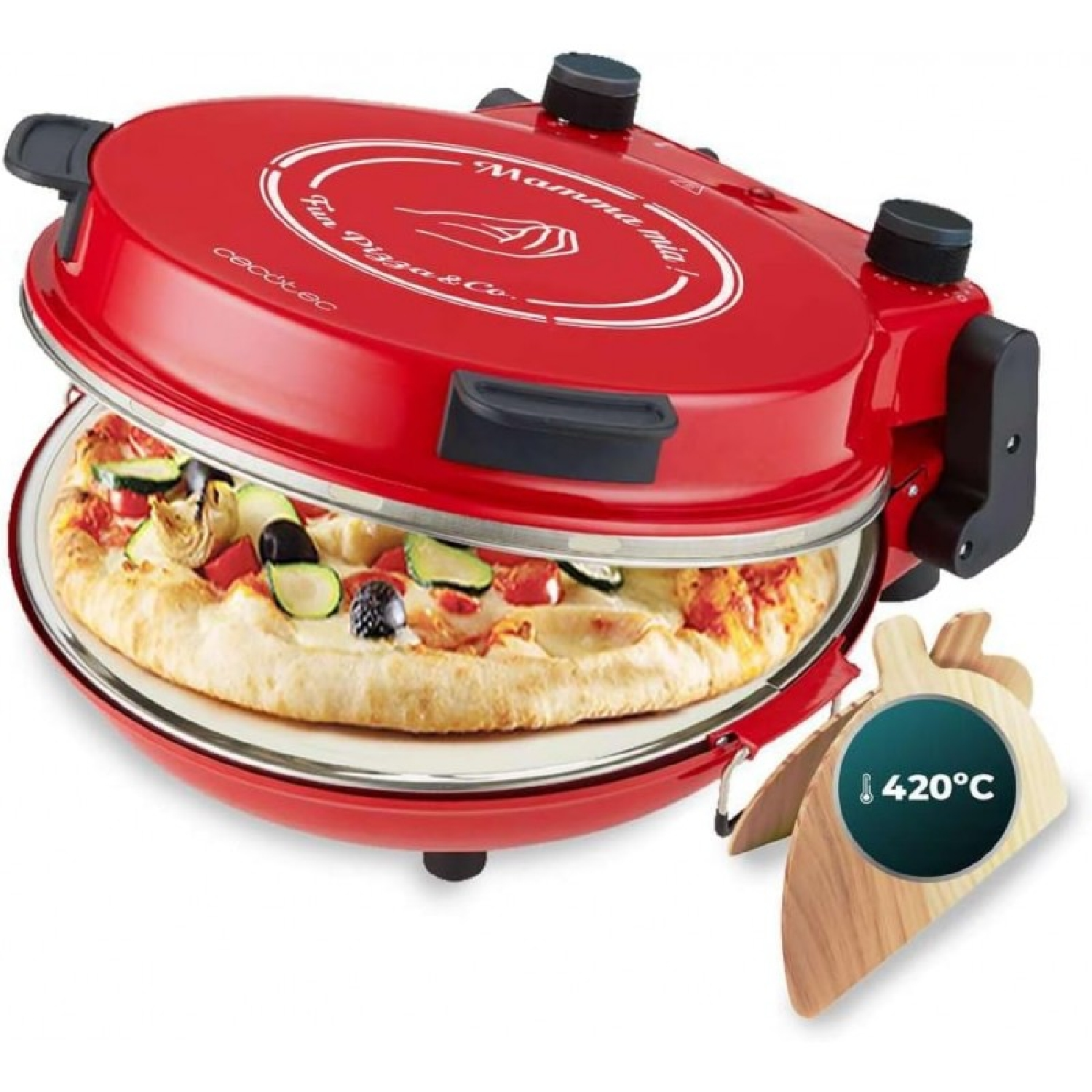 Forno per pizza rosso con pizza dentro, pala per pizza in legno e indicatore di temperatura a 420°C.