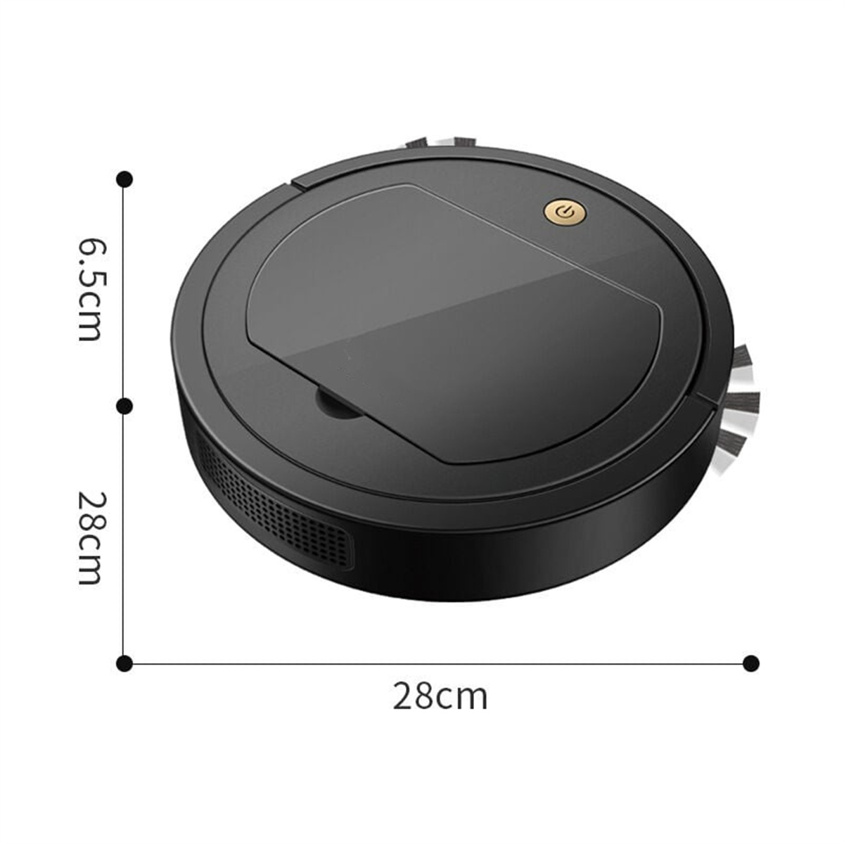 Schwarzer Roboter-Staubsauger mit kreisförmiger Form, Abmessungen auf dem Bild beschriftet.