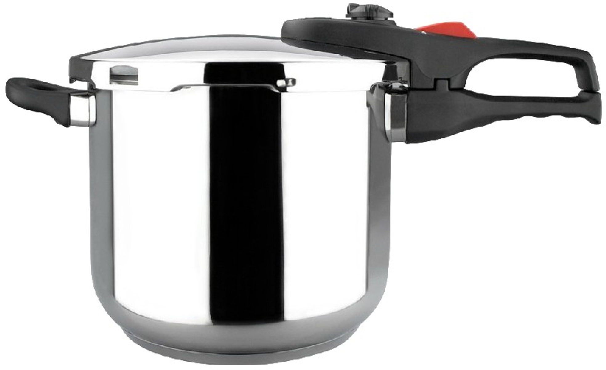 Una olla a presión brillante de acero inoxidable con asa negra y válvula roja.