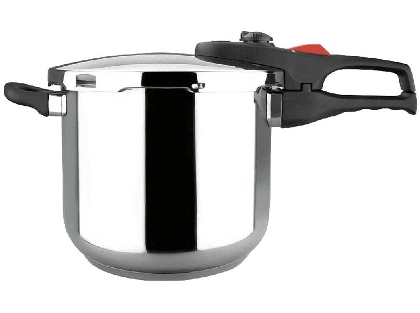Olla a presión de acero inoxidable brillante con mango negro y botón de liberación rojo.