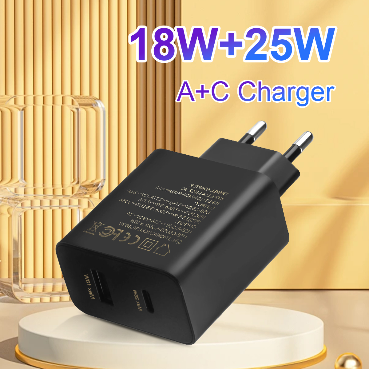 Schwarzes Ladegerät mit zwei Stiften und Text, der 18W+25W und A+C anzeigt.