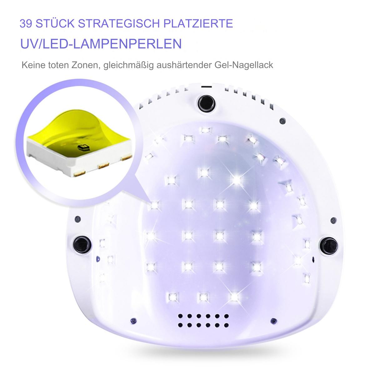 Eine weiße UV-LED-Nagellampe mit vielen Lichtern und einem Einsatz einer Nagel.