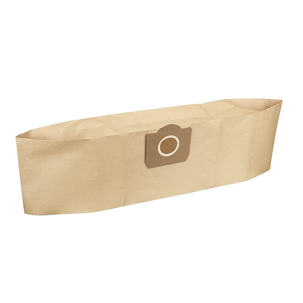 Ein brauner Staubsaugerbeutel mit kreisförmiger Öffnung und beigem Papierkörper.