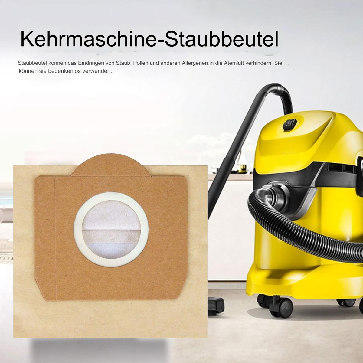 Ein gelber Staubsauger mit Papiertüte und Text über die Verwendung der Tüte.