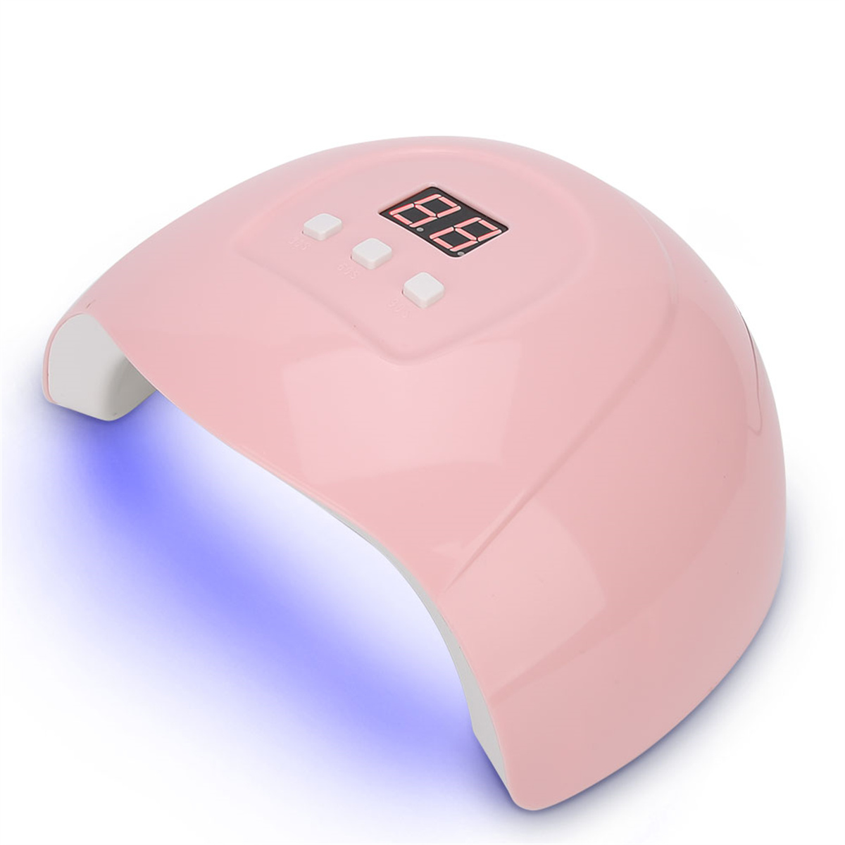 Eine rosa UV-Nagellampe mit Digitalanzeige steht auf einer weißen Oberfläche und strahlt blaues Licht aus.