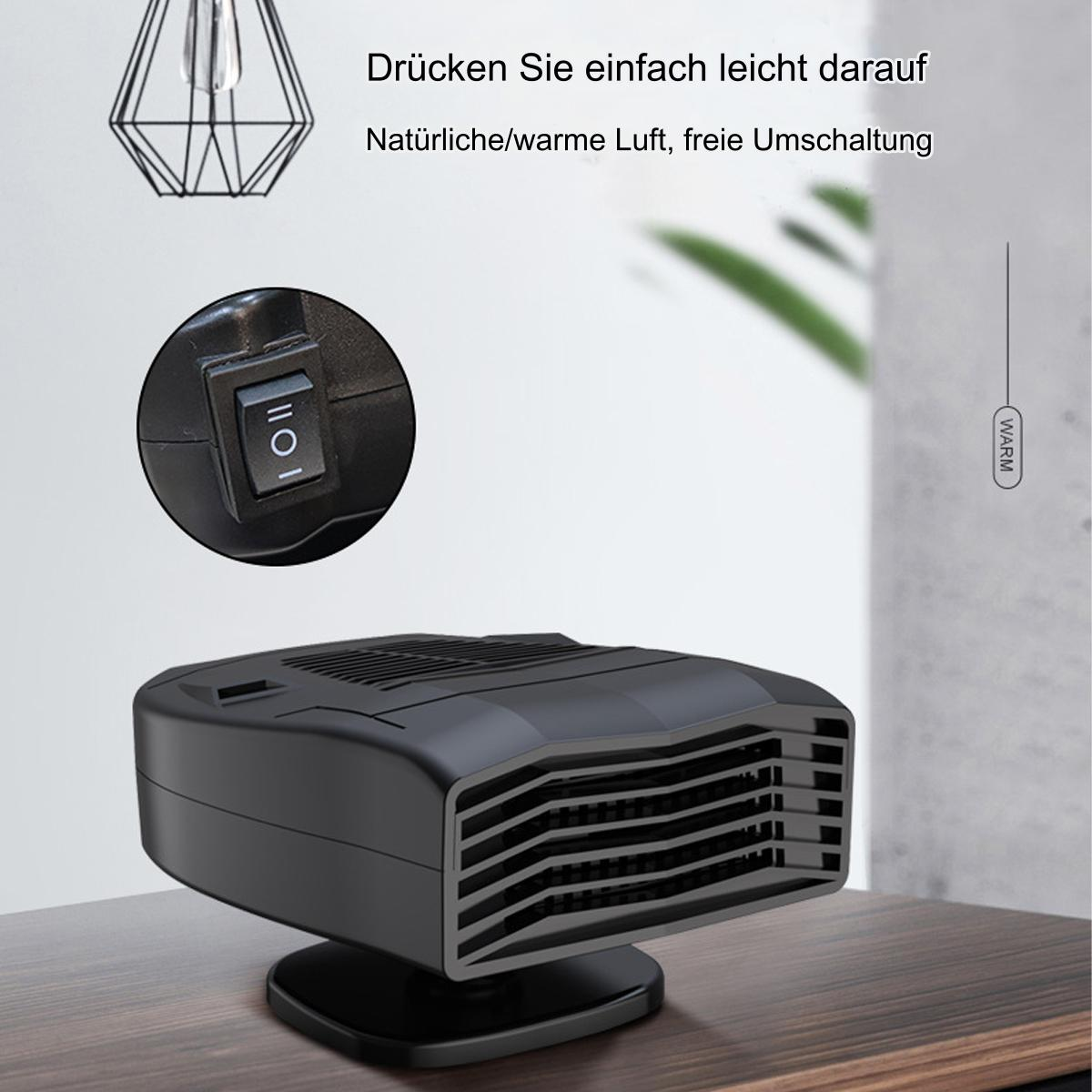 Schwarze Autoheizung mit Ein-/Ausschalter. Anweisungen auf Deutsch. Weißer Hintergrund.