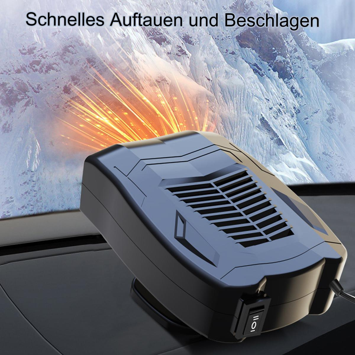 Schwarze Autoheizung. Die Heizung hat einen kleinen Netzschalter. Der Hintergrund ist ein schneebedeckter Berg.