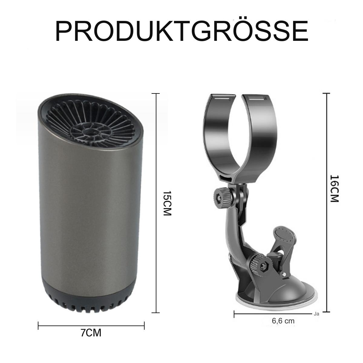 Ein Luftreiniger und ein Telefonhalter werden mit Abmessungen gezeigt. Der Reiniger ist grau, der Halter dunkelgrau.
