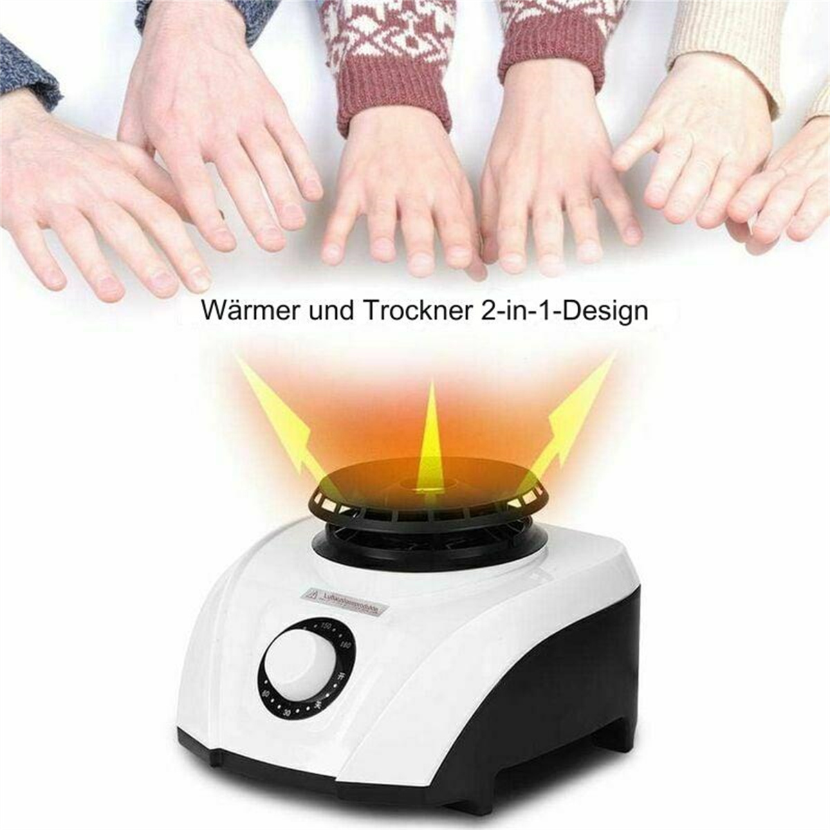 Hände über einem weißen und schwarzen Trockner mit einem Drehregler. Text lautet 'Warmer und Trockner 2-in-1-Design'.