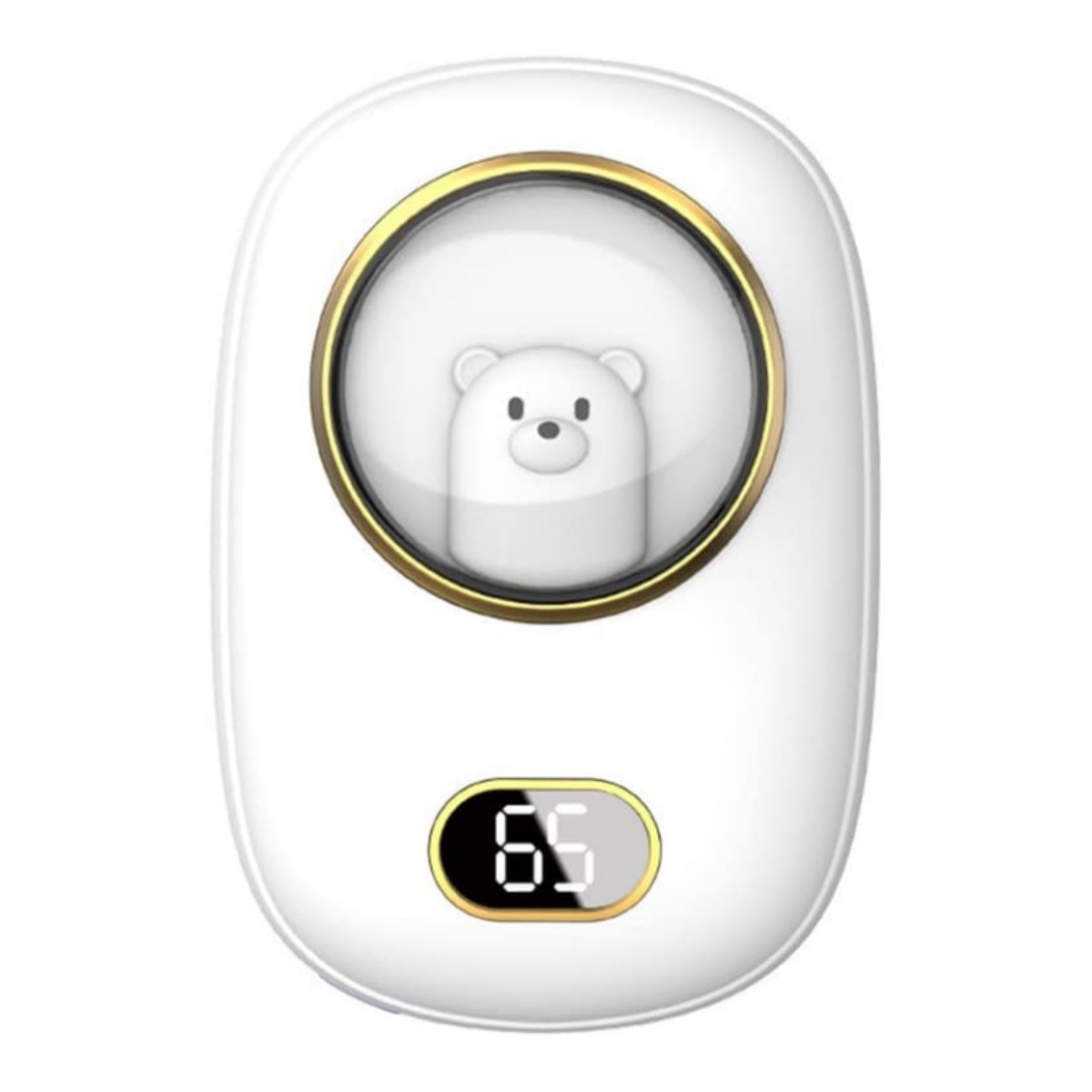Weißer Handwärmer mit Bär-Design, goldfarbenem Rand und Digitalanzeige.