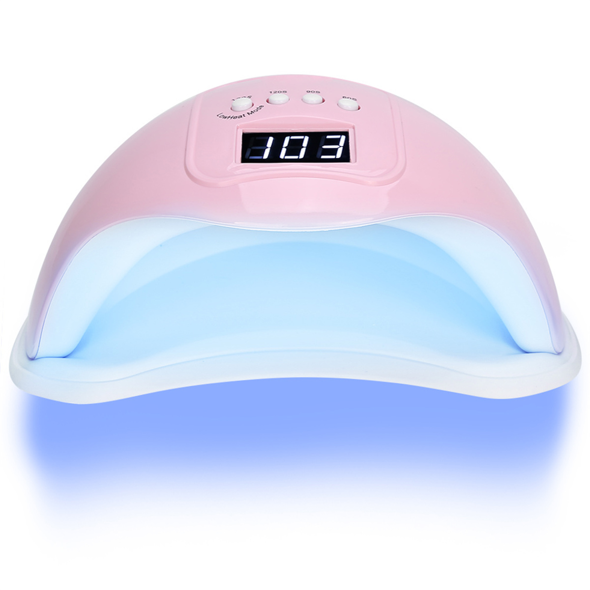 Pinkfarbener Nageltrockner mit digitaler Anzeige, die einen Timer zeigt.