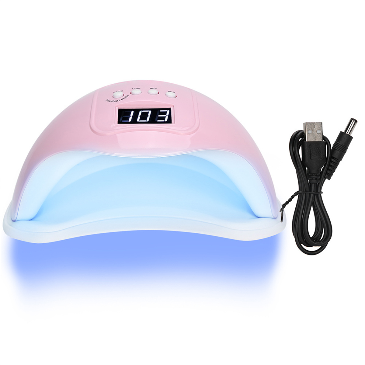 Eine rosa Nagellampe mit digitaler Anzeige 103. Ein schwarzes USB-Kabel und Adapter befinden sich rechts.