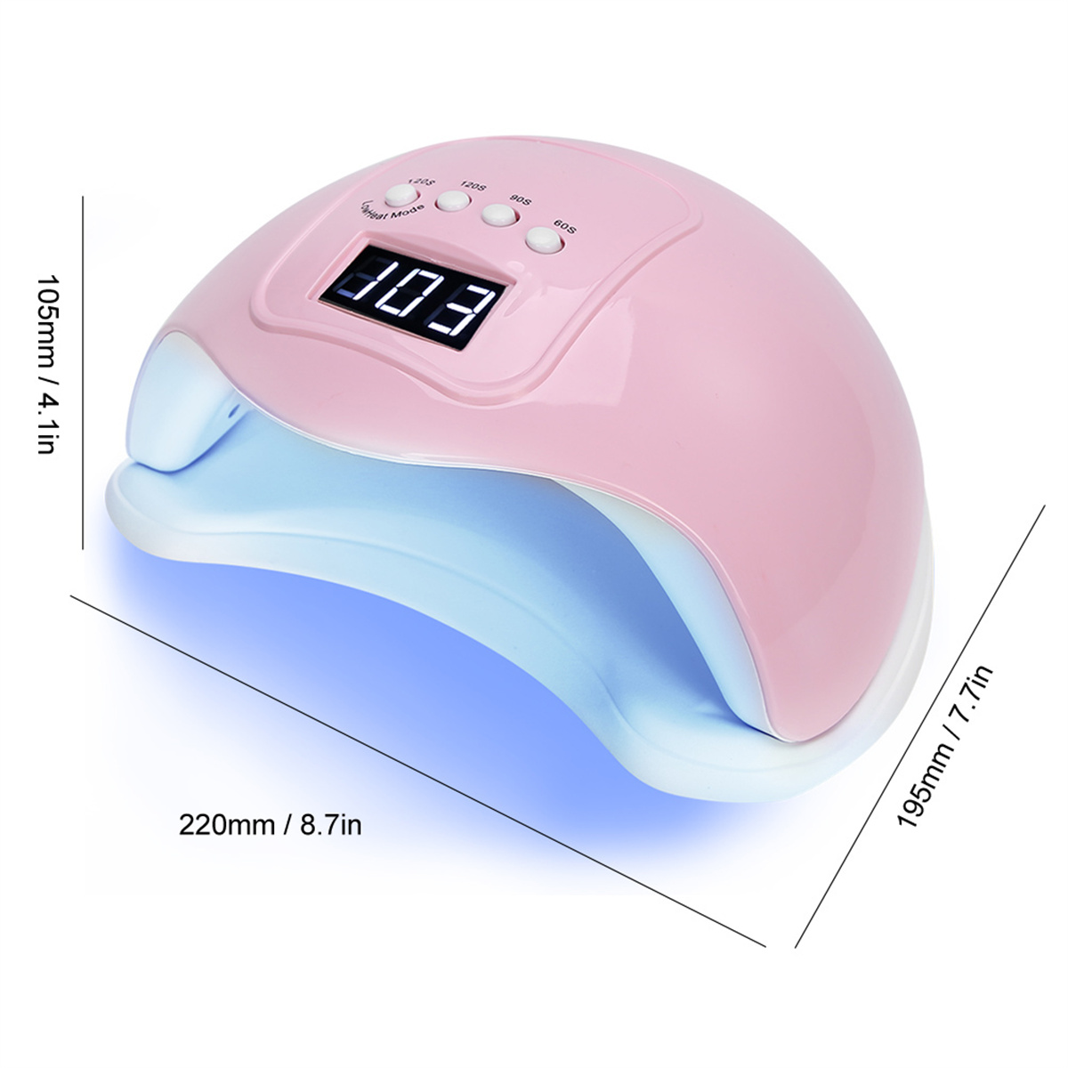 Rosa UV-Nagellampe mit digitalem Timer. Abmessungen: 220mm x 195mm x 105mm.