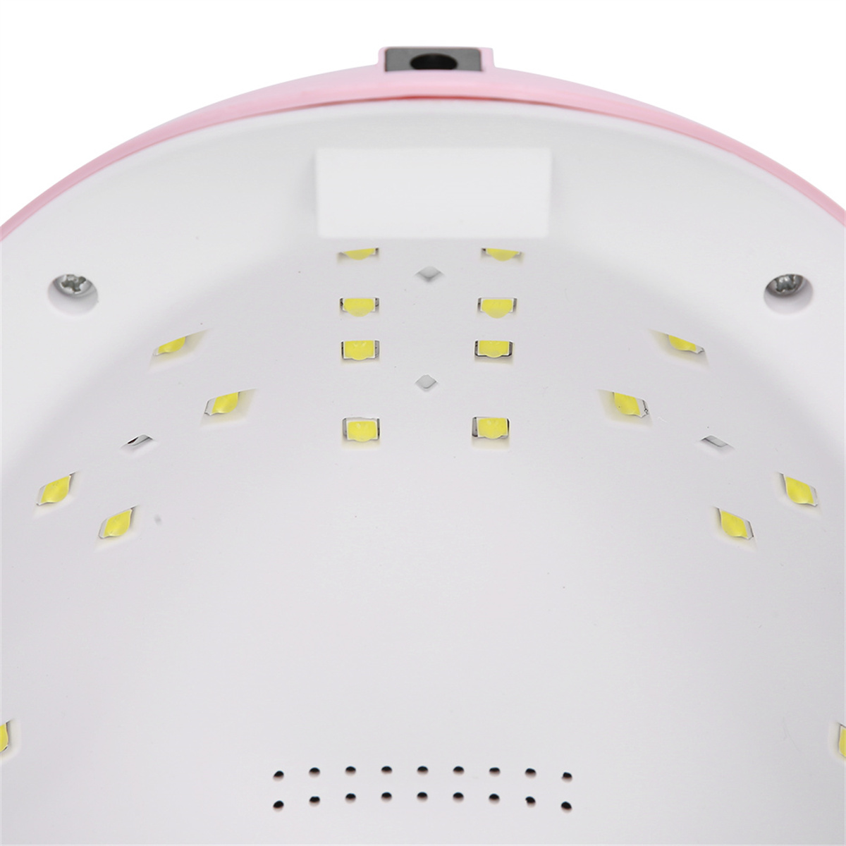 Nahaufnahme des Inneren einer rosa Nagellampe mit mehreren LED-Leuchten.
