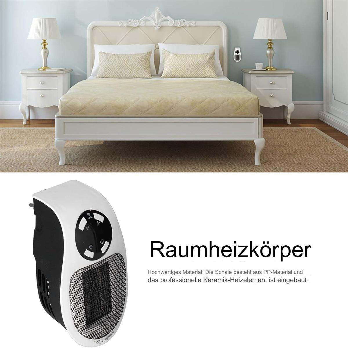 Kleiner weißer Heizlüfter mit Bett und Lampen im Hintergrund.