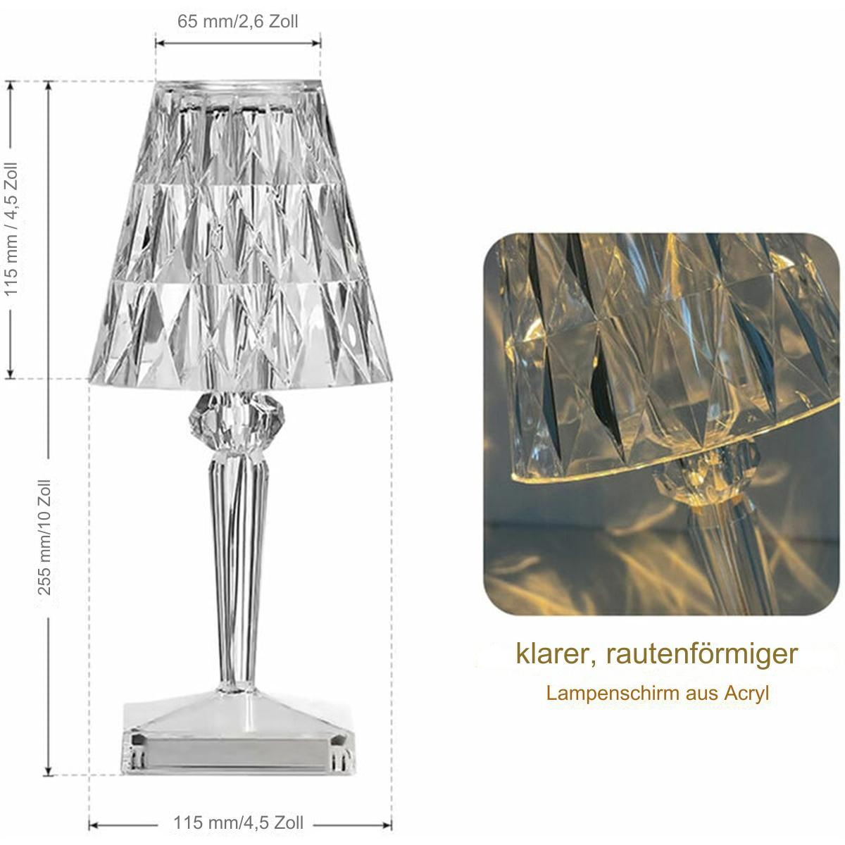 Kristall-Tischlampe mit rautenförmigem Schirm und Maßangaben, auf weißem Hintergrund.