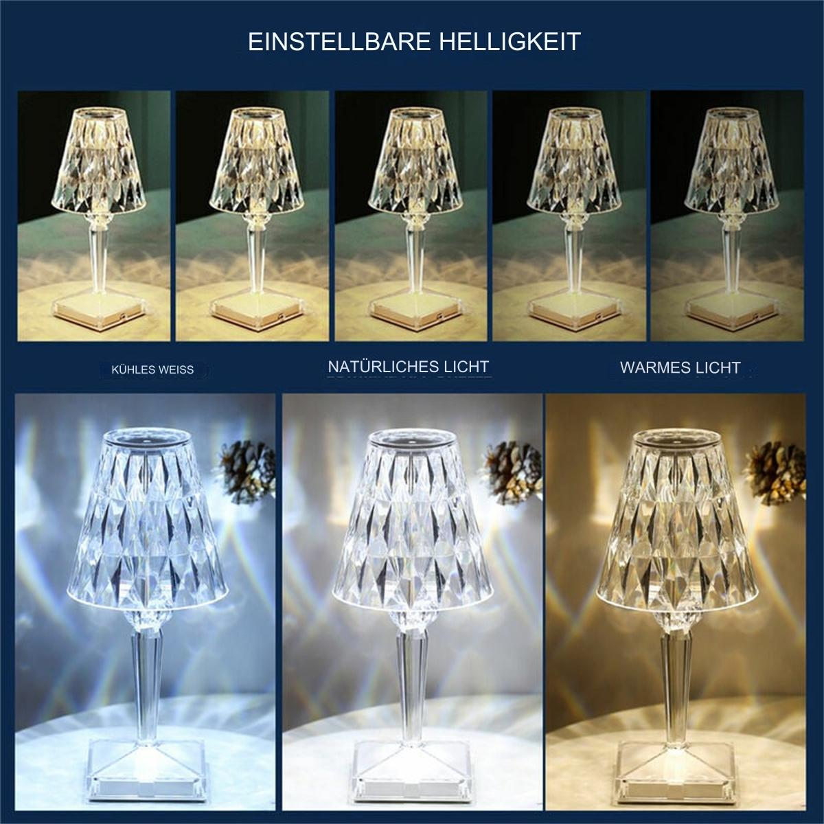 Mehrere Kristalllampen mit unterschiedlichen Lichteinstellungen. Die Einstellungen sind kaltweiß, natürliches Licht und warmes Licht.
