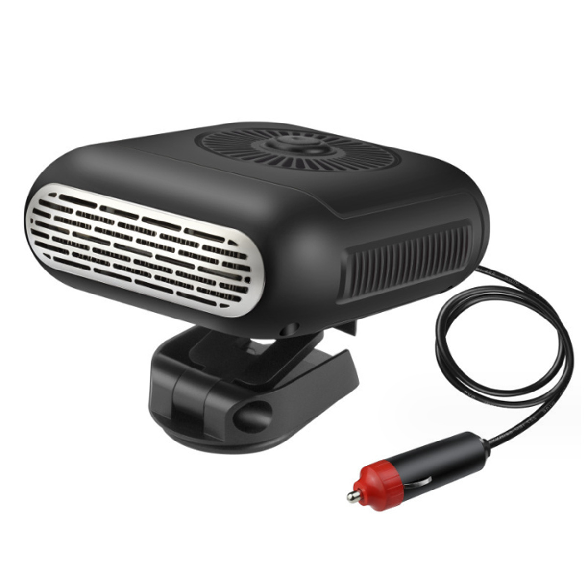 Eine schwarze Autoheizung mit rotem Stecker und schwarzem Kabel auf weißem Grund.