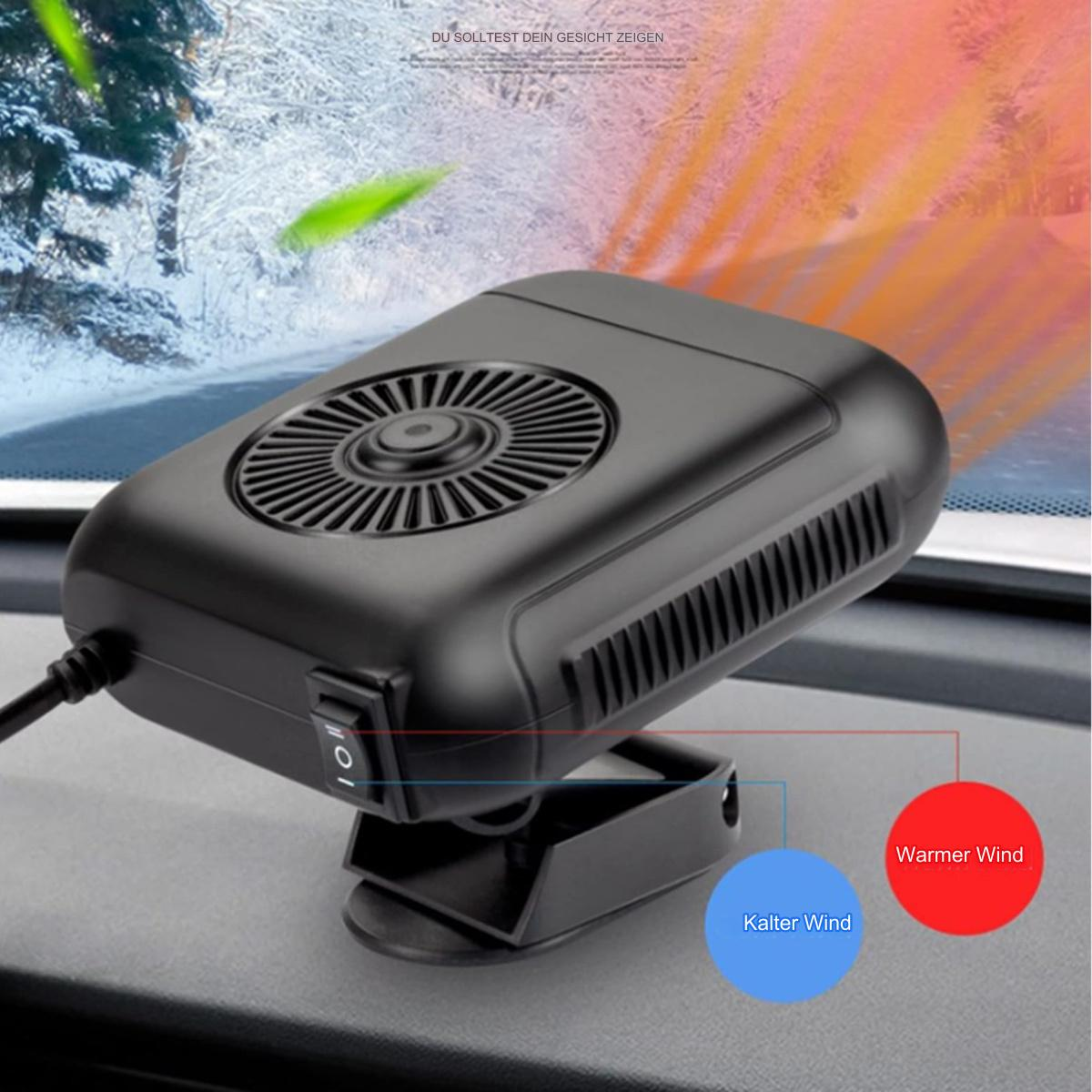 Schwarze Autoheizung mit Ventilator und Schalter. Rote/blaue Anzeigen für warme/kalte Luft. Winterliche Szene im Hintergrund.
