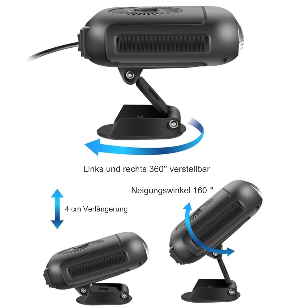 Schwarzer Auto-Ventilator mit einstellbaren Winkeln, beschriftet mit Maßen und Richtungspfeilen.