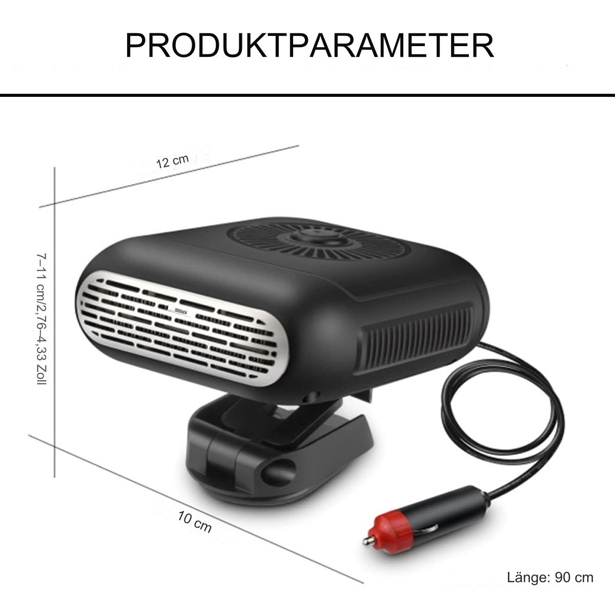 Schwarze Autoheizung mit Abmessungen, Netzkabel und rotspitzigem Stecker vor weißem Hintergrund.