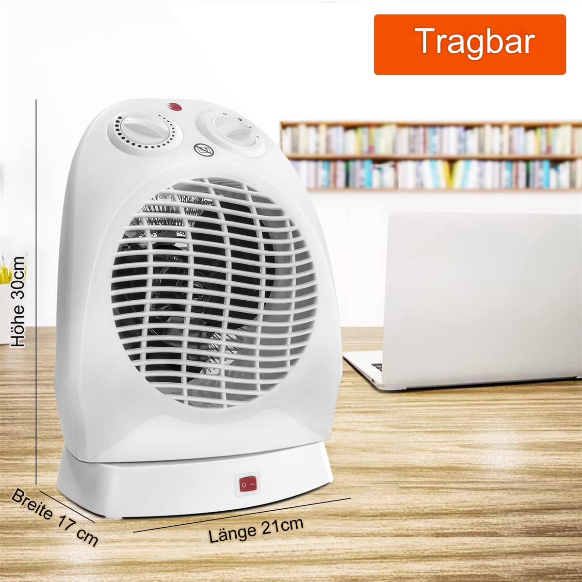 Weißer tragbarer Heizlüfter mit 30 cm Höhe, 17 cm Breite und 21 cm Länge. Er hat Bedienelemente und einen roten Schalter.