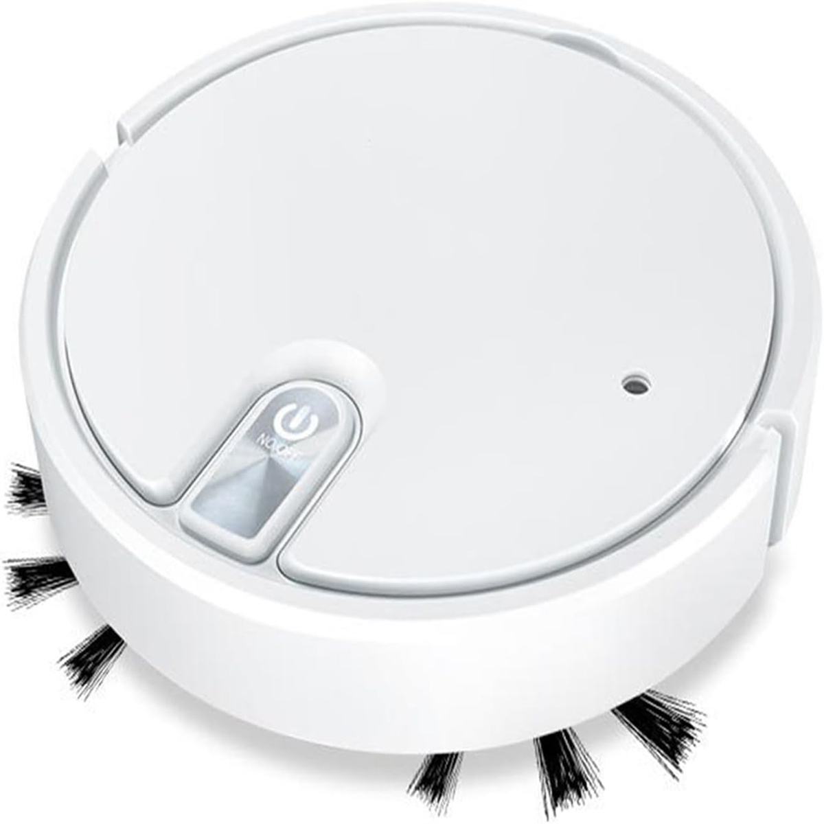 Ein weißer, runder Roboter-Staubsauger mit Bürsten und einem Ein-/Ausschalter.