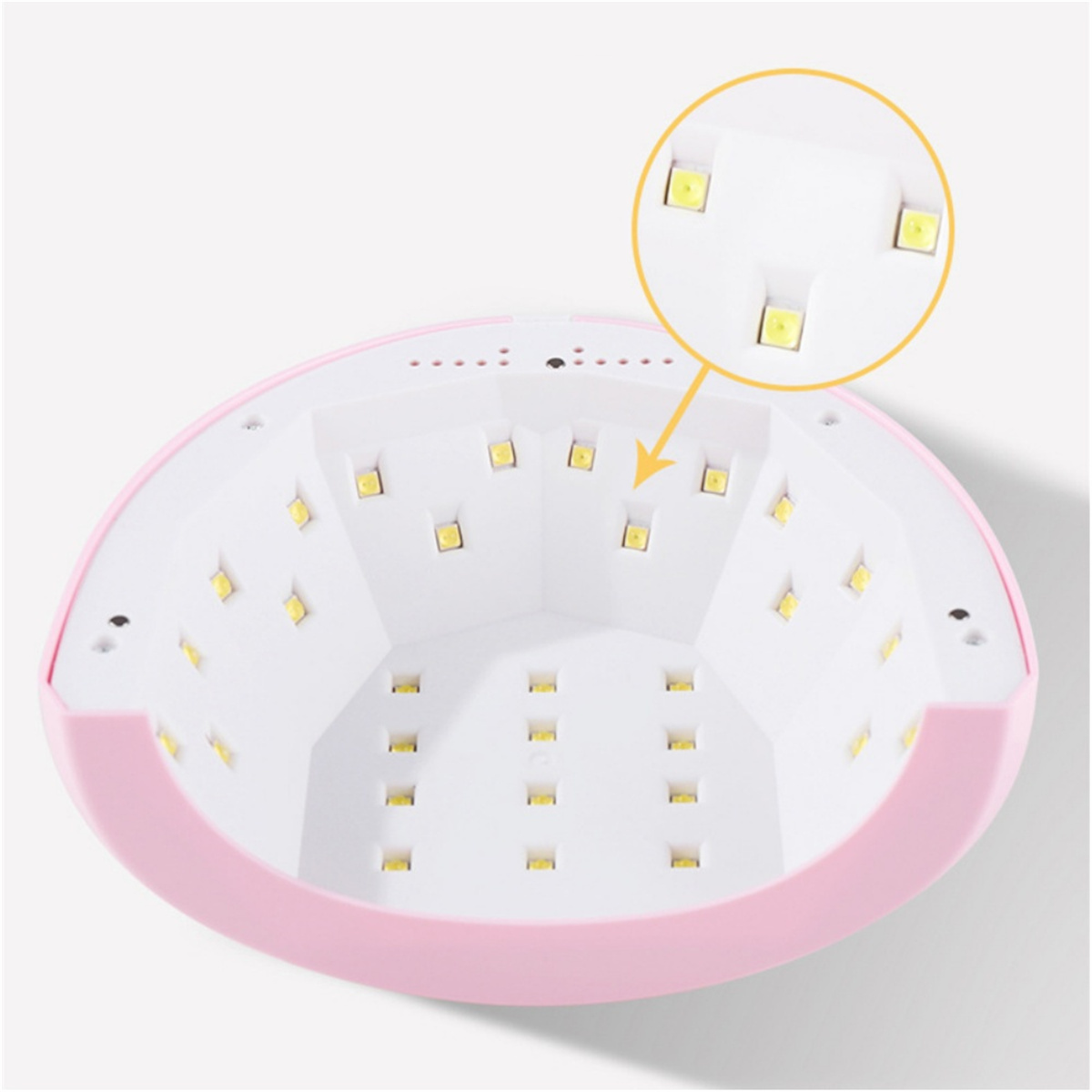 Rosa Nagellampe mit internen LEDs, vergrößerte Ansicht mit Details, alles vor weißem Hintergrund.