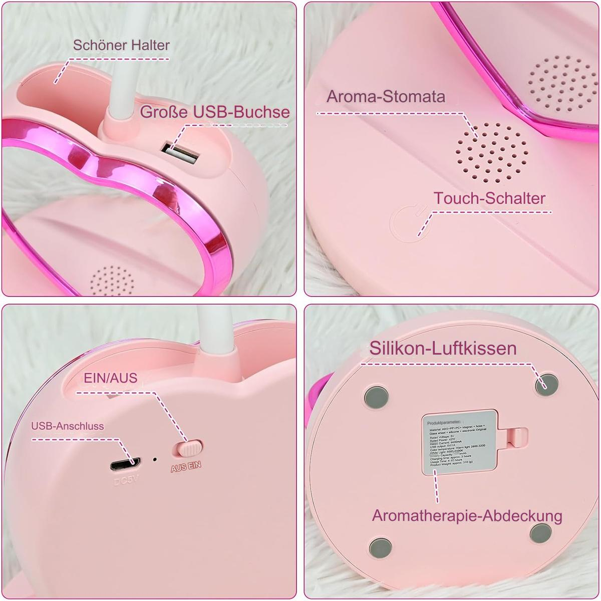 Rosa Aromatherapiegerät mit USB-Anschluss, Schalter und Aromadiffusor.