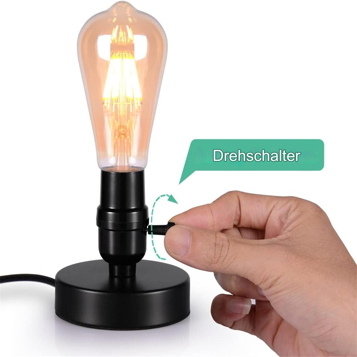 Eine Hand dreht einen Knopf an einer schwarzen Tischlampe mit einer Vintage-Edison-Glühbirne, mit einer grünen Sprechblase.