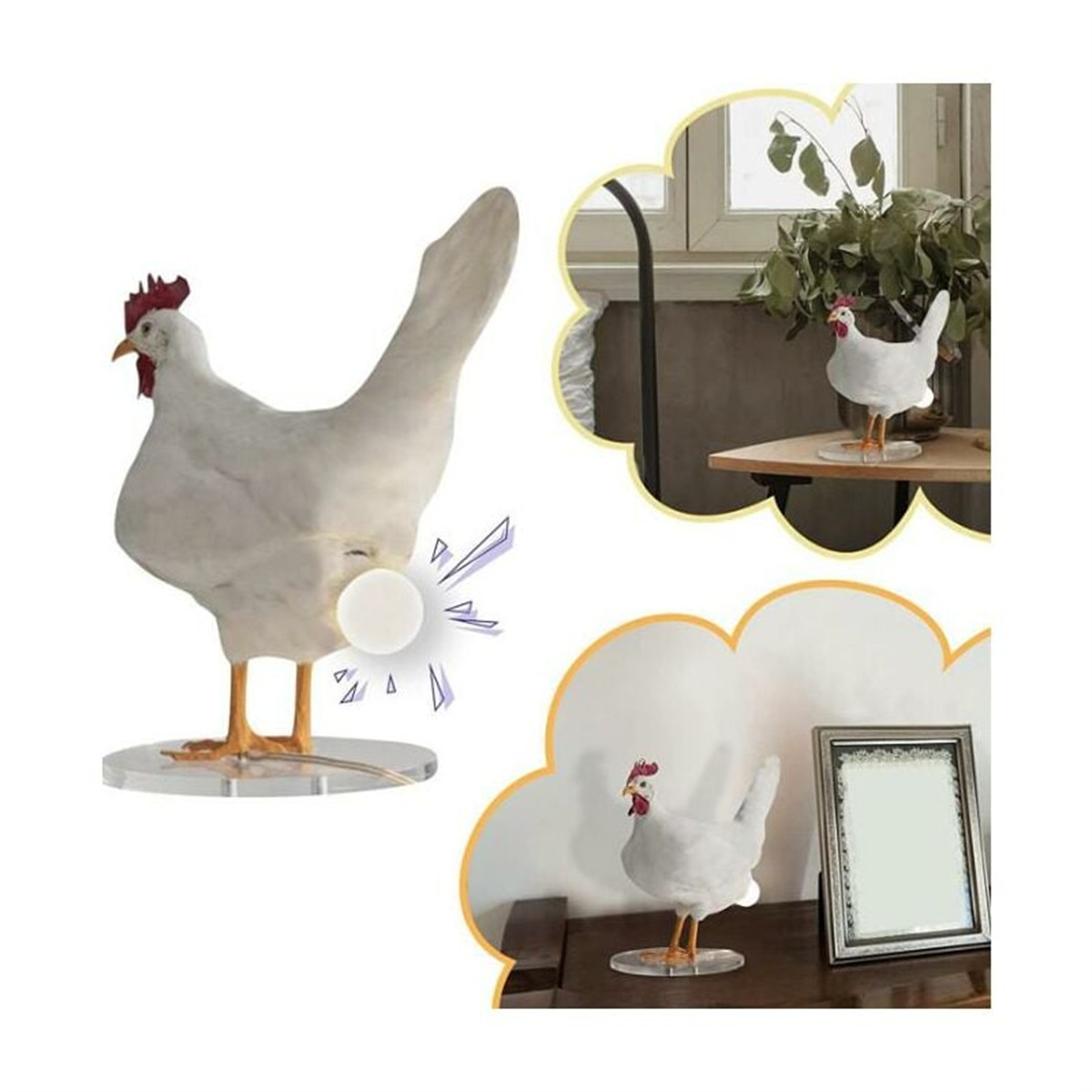 Eine weiße Hahnlampe auf einem transparenten Sockel. Mehrere Ansichten, die das Design zeigen.