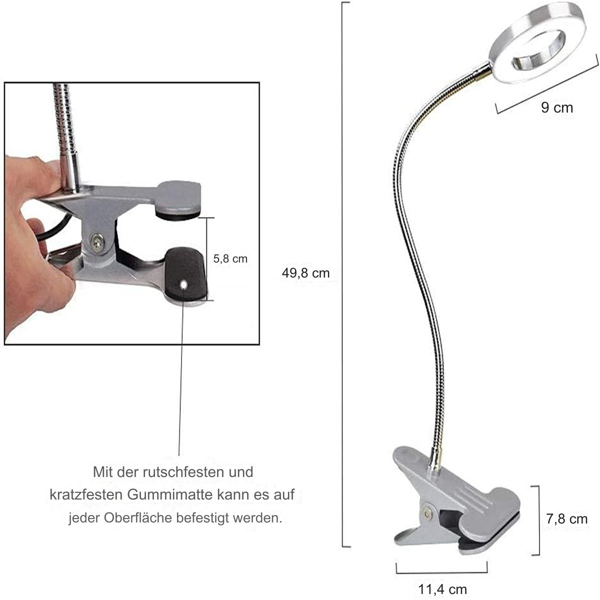Eine flexible Schwanenhals-Clip-On-Lampe mit einer Lupenringleuchte.