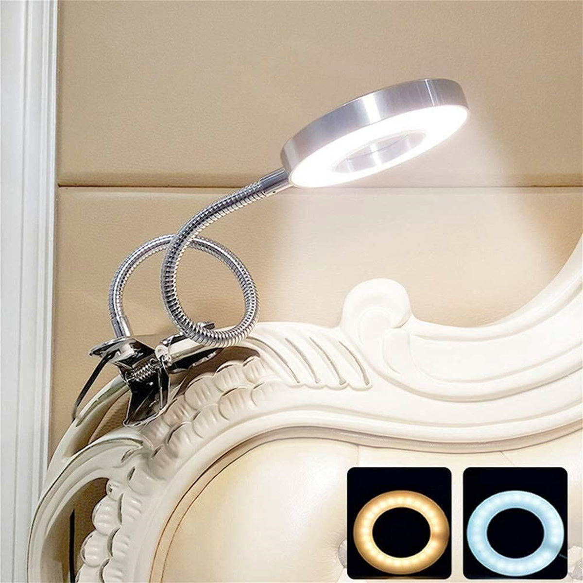 Flexible Silberlampe mit Ringlicht, an einem Clip befestigt, am Bettrahmen gezeigt.