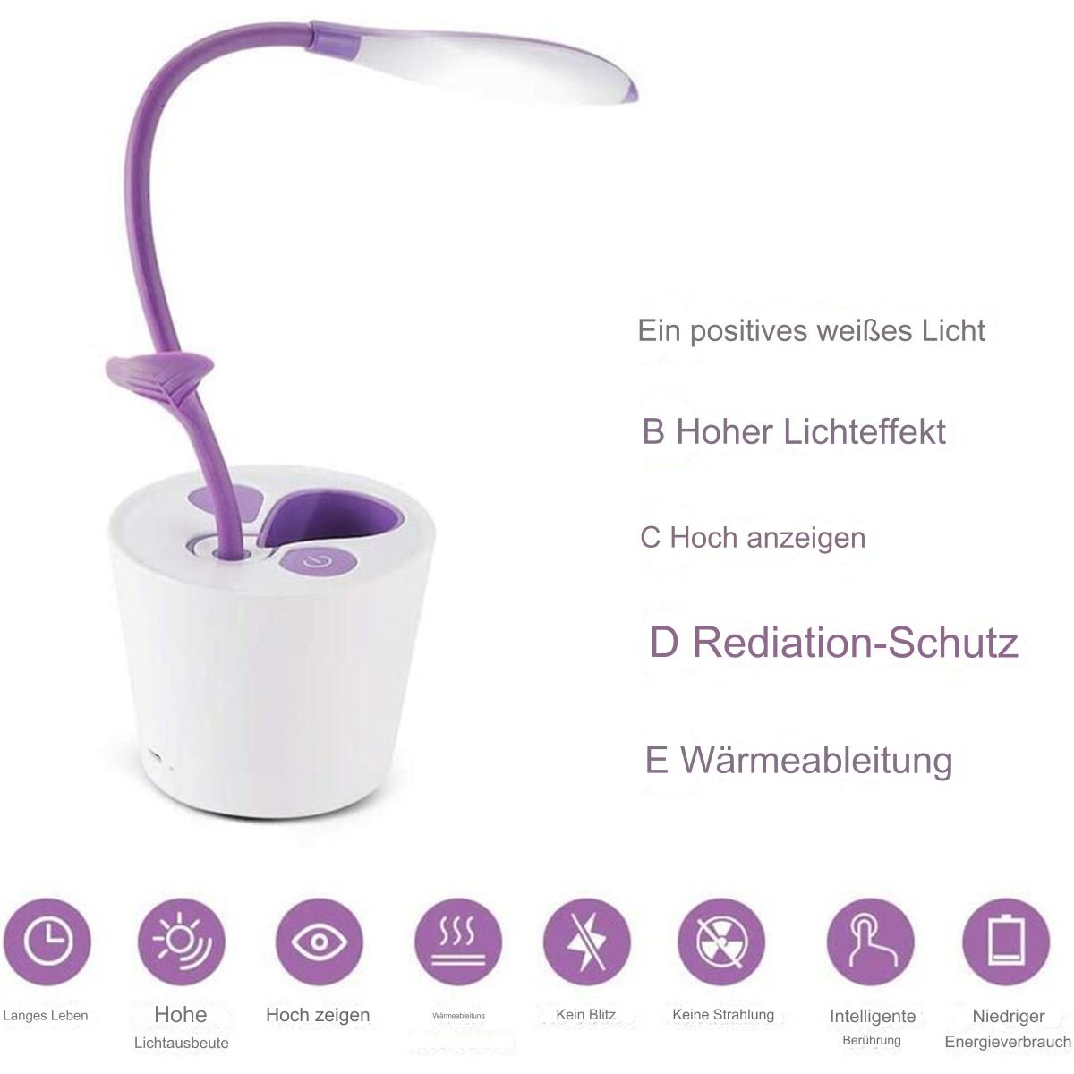 Eine weiße und lila Schreibtischlampe mit Text auf weißem Hintergrund.