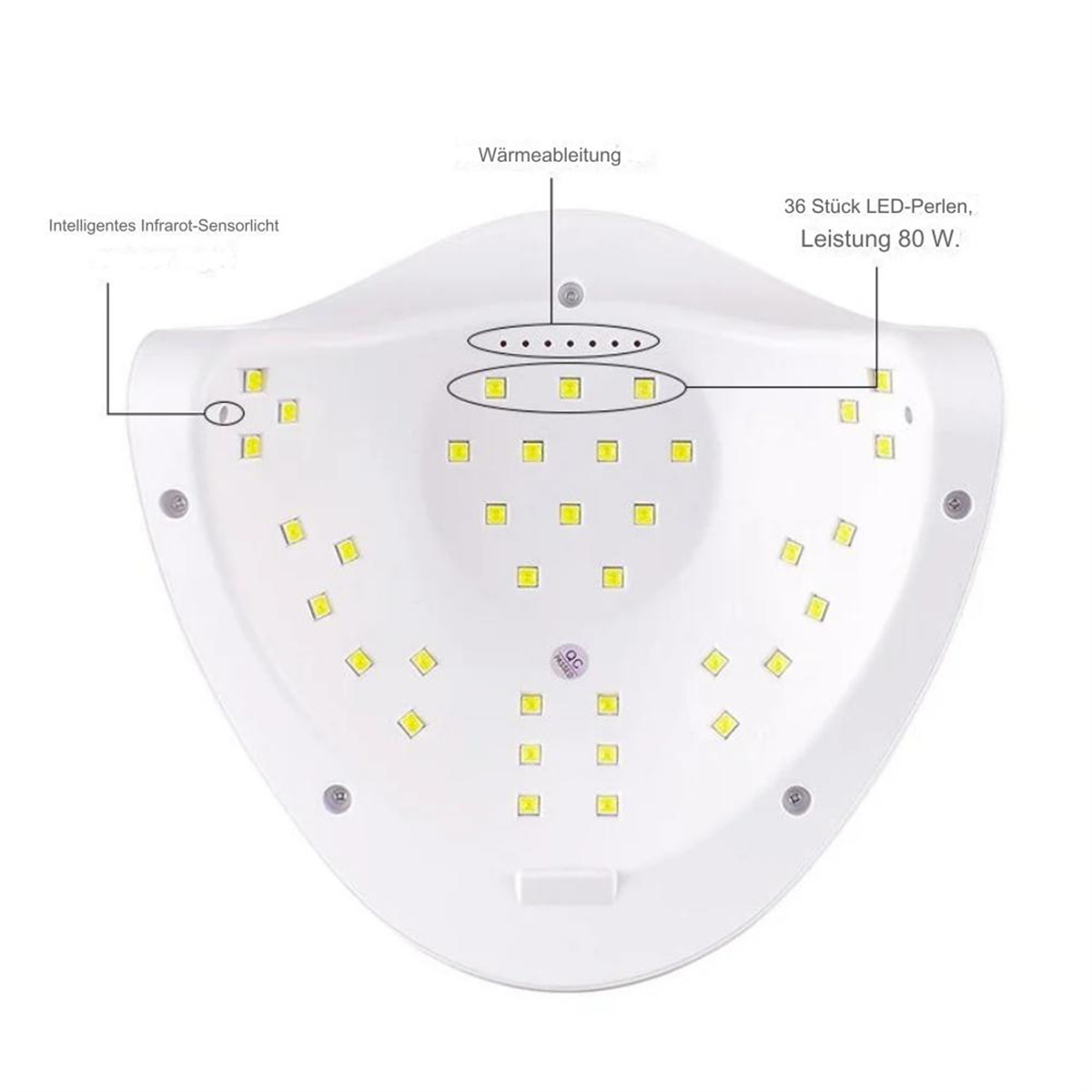 Eine weiße Nagellampe mit vielen LED-Leuchten. Sie ist geöffnet und zeigt das Innere mit Details.
