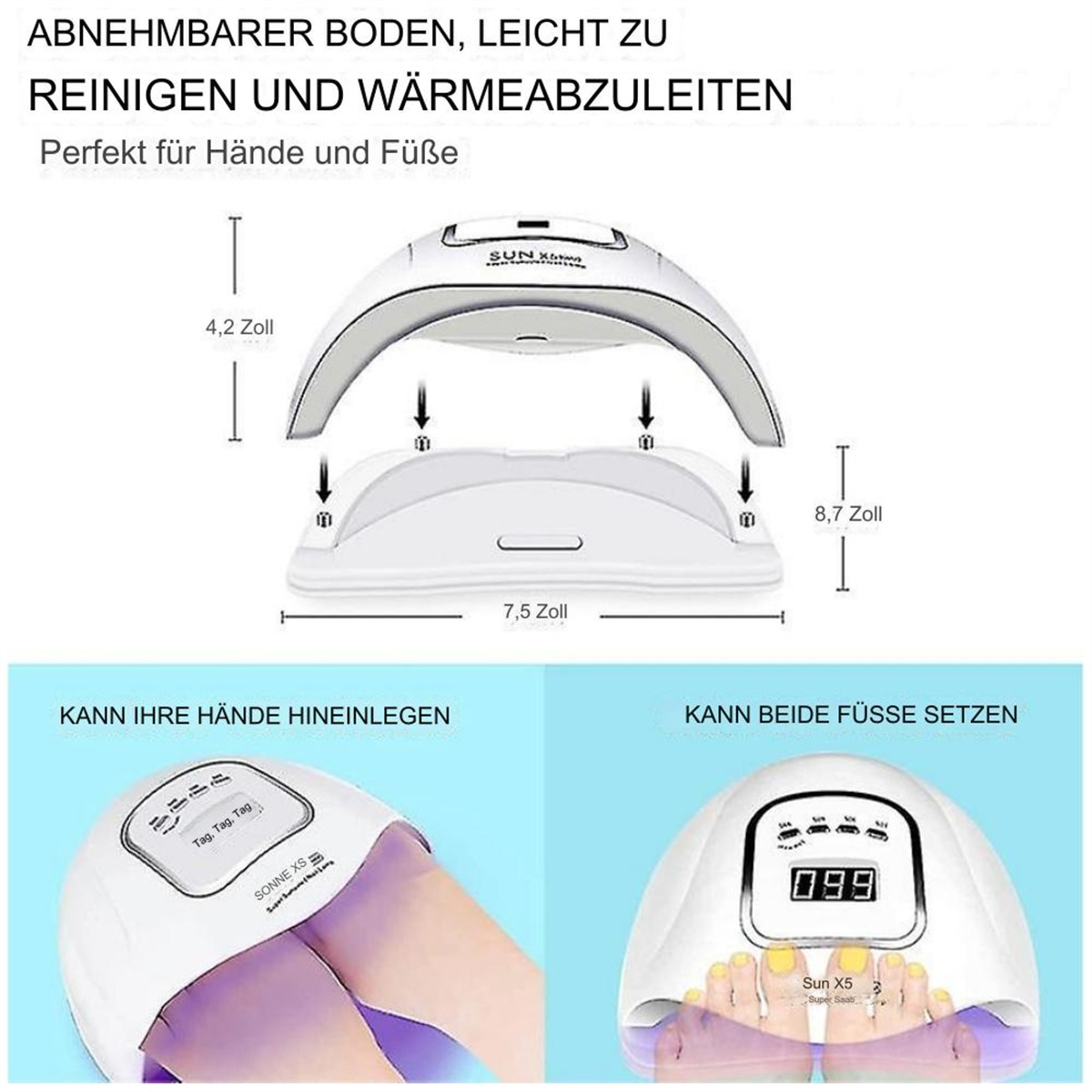 Weiße Nagellampe mit Abmessungen. Die Lampe hat eine Basis und einen oberen Abschnitt.