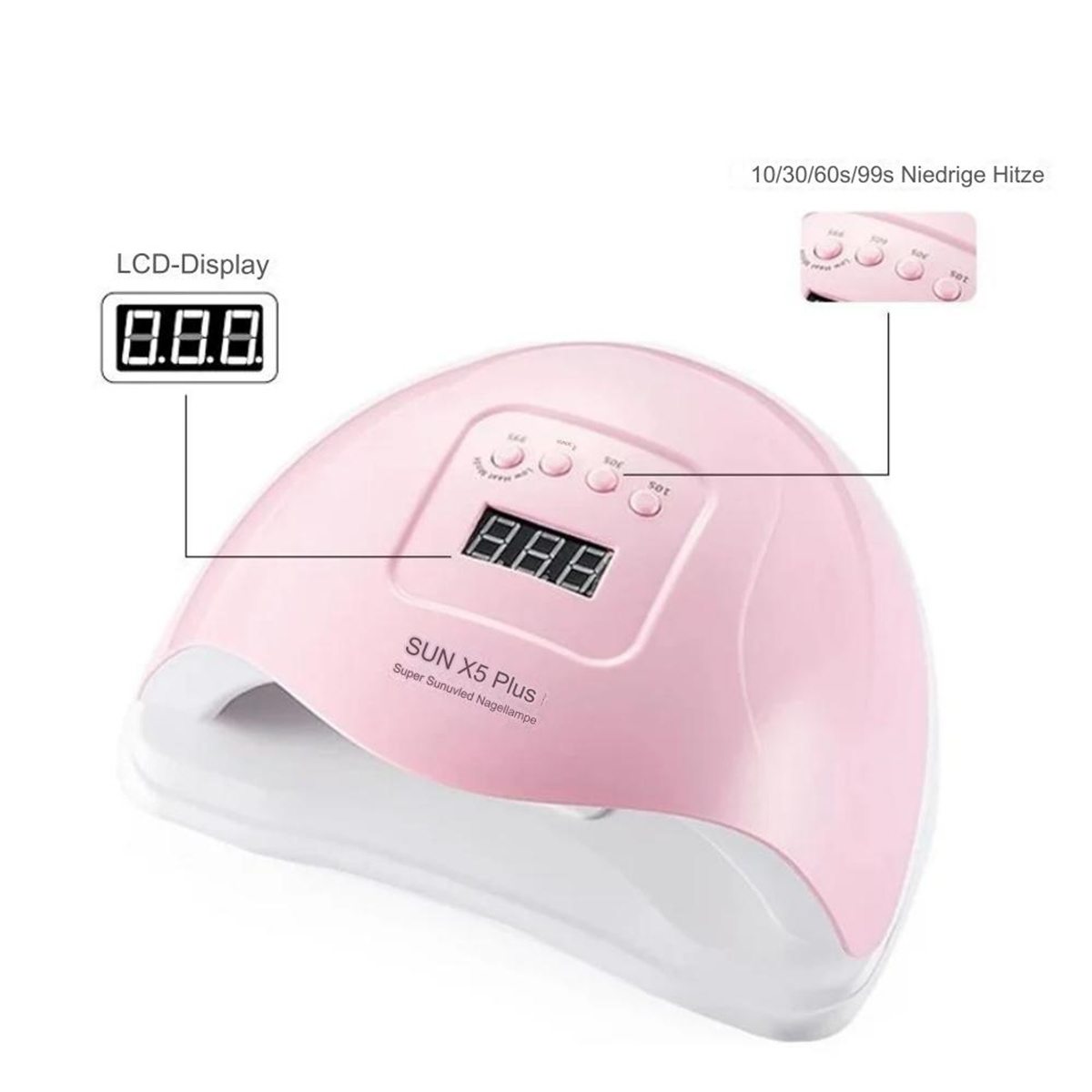 Rosa Nagelhärtungslampe mit LCD-Anzeige. Tasten für Zeiteinstellungen sind sichtbar.