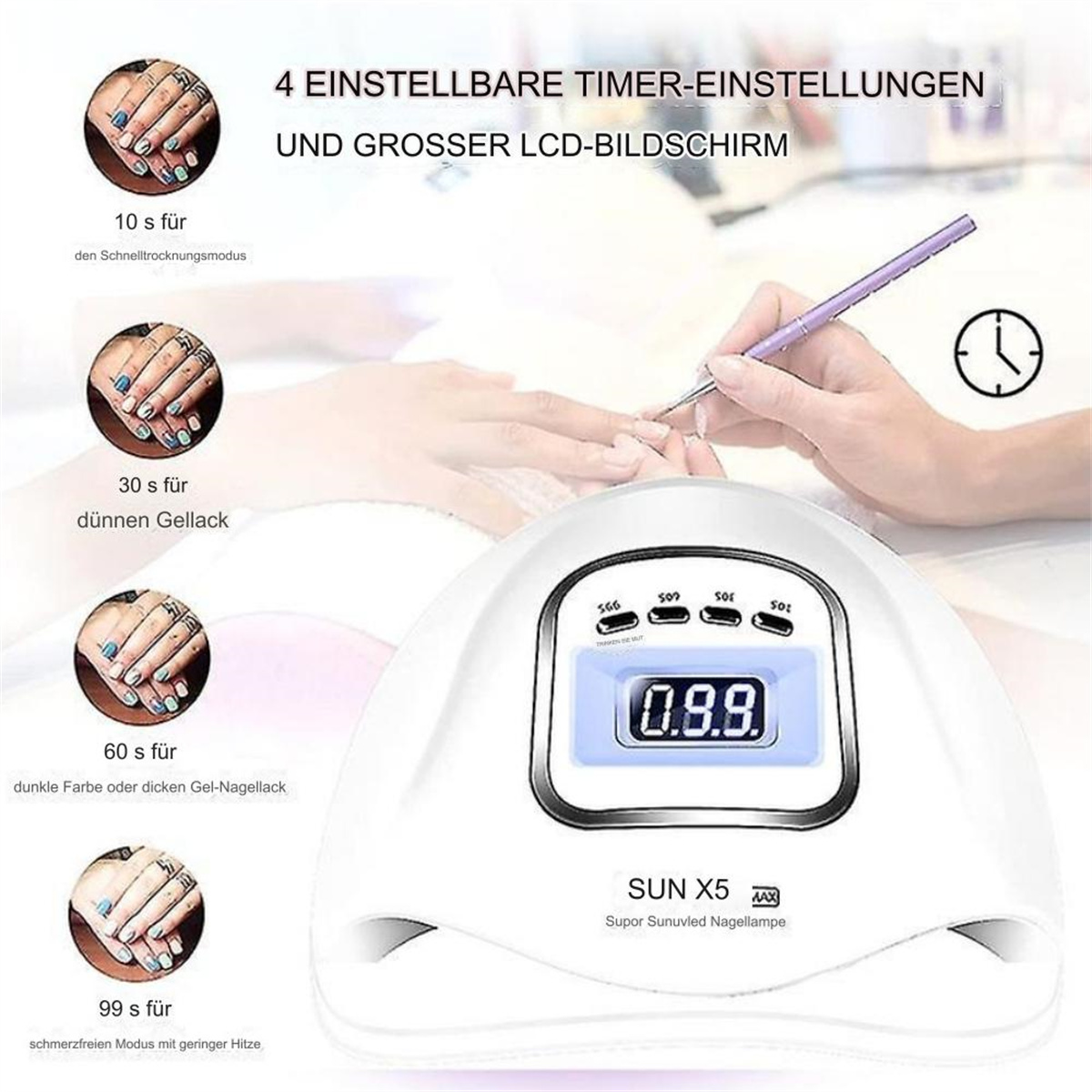 Ein weißer Nageltrockner mit Digitalanzeige und Einstellungen für Nagelbehandlungen.