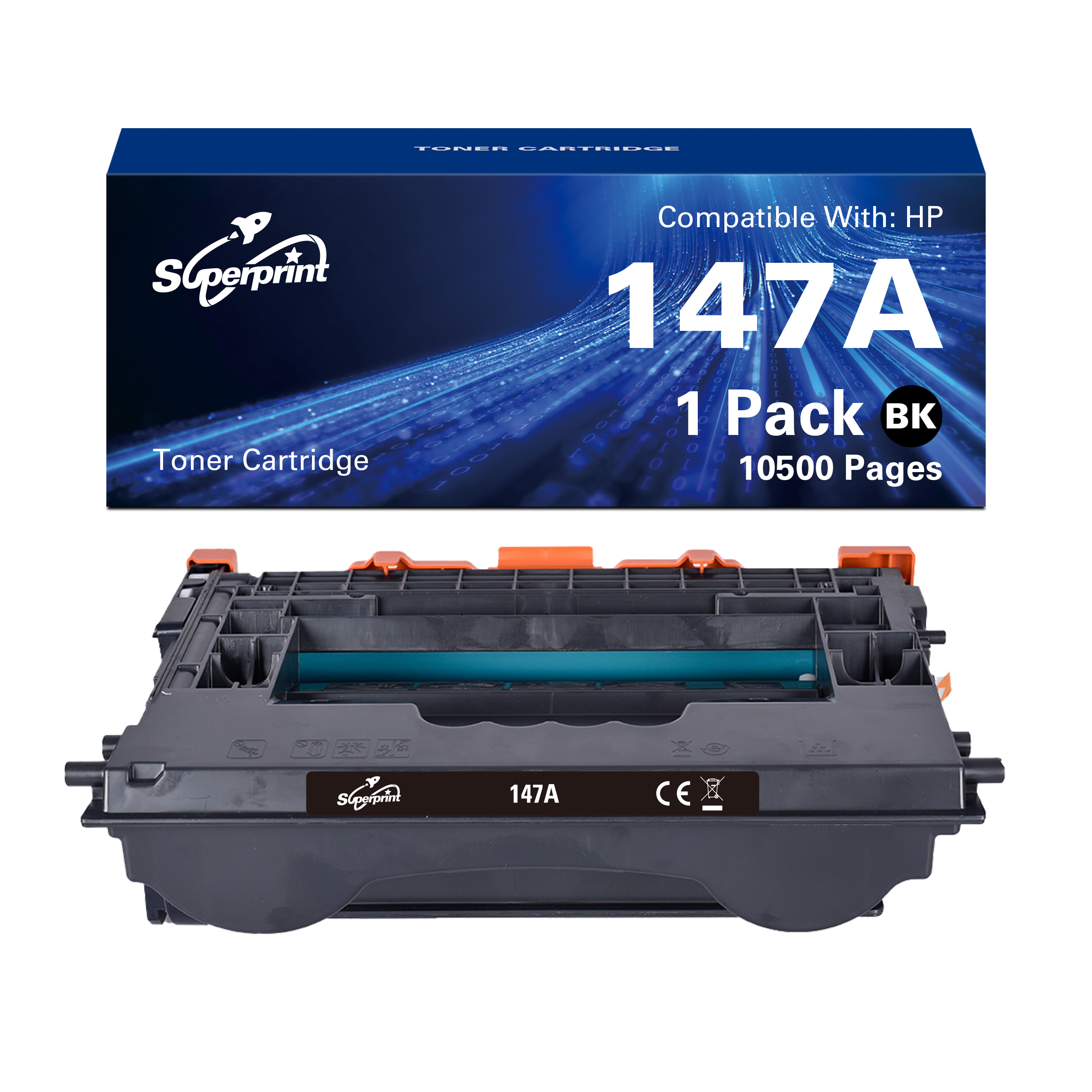 Zwarte tonercartridge met oranje accenten en een doos, met het label '147A BK' en '10500 pagina's'.