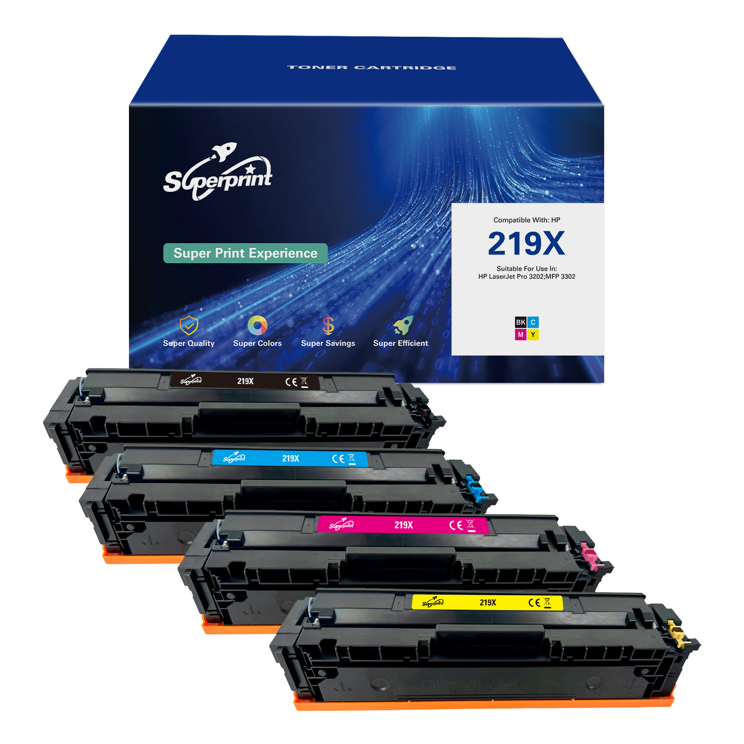 Ink cartridges in a box, black, cyan, magenta, and yellow. The box says Superprint and Toner Cartridge.
