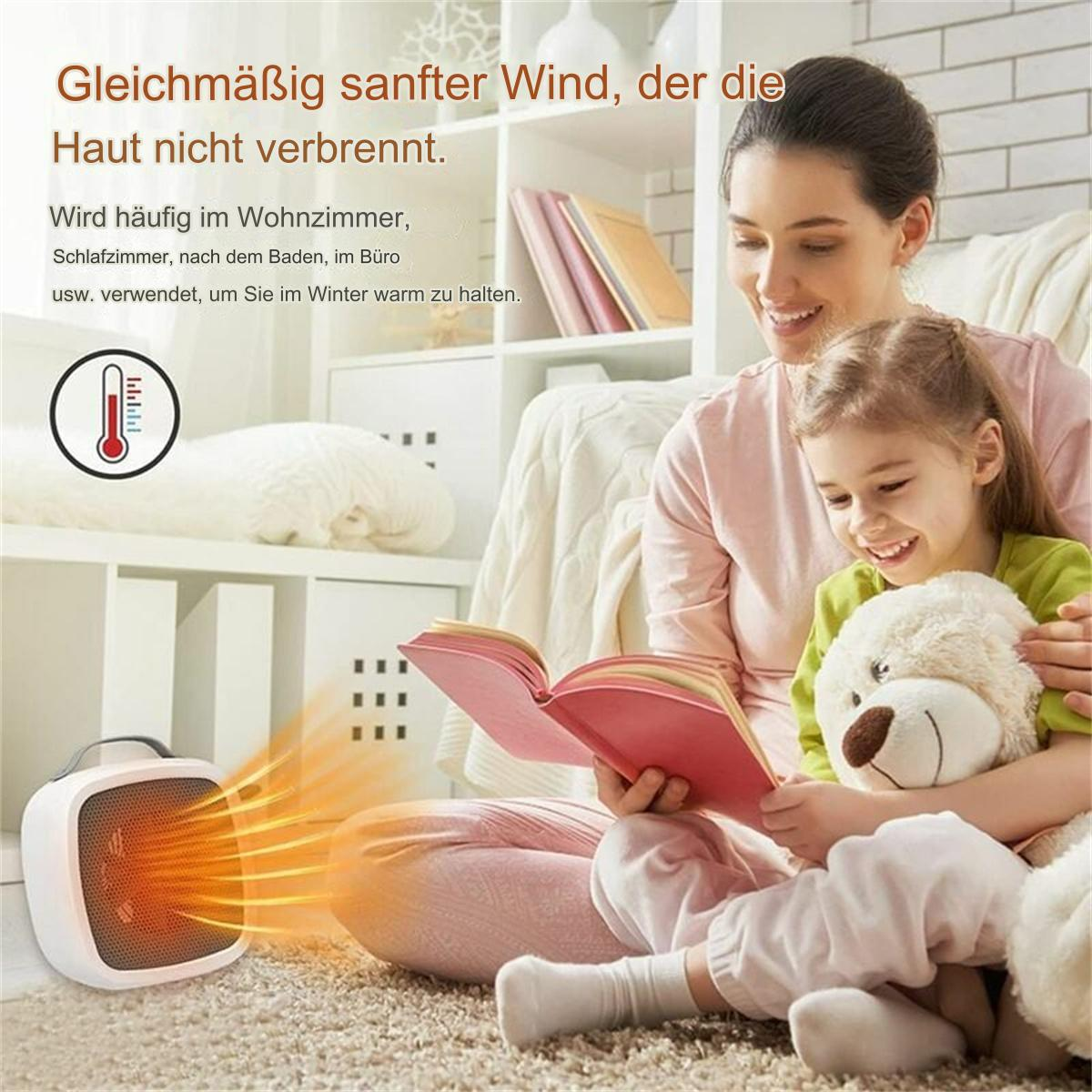 Frau und Kind sitzen bei einem Heizgerät und lesen ein Buch.