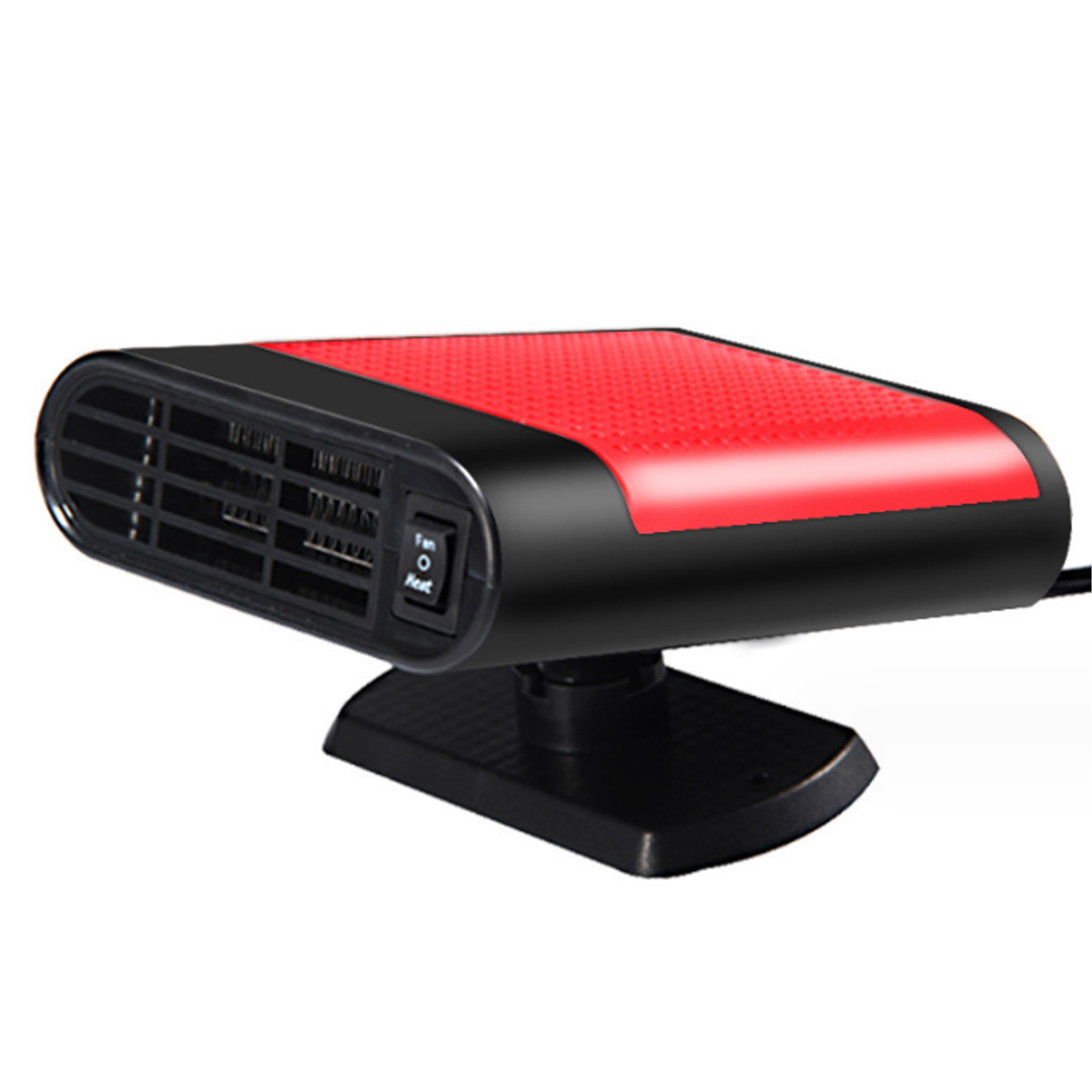 Schwarze und rote tragbare Autoheizung mit Ventilator und Schalter.