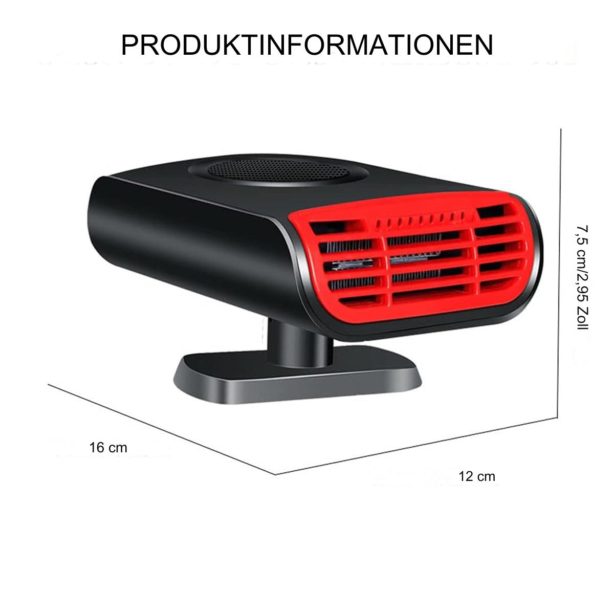 Schwarz-roter Autoheizlüfter mit Abmessungen. Der Heizlüfter steht auf einem Ständer und hat ein rotes Gitter.