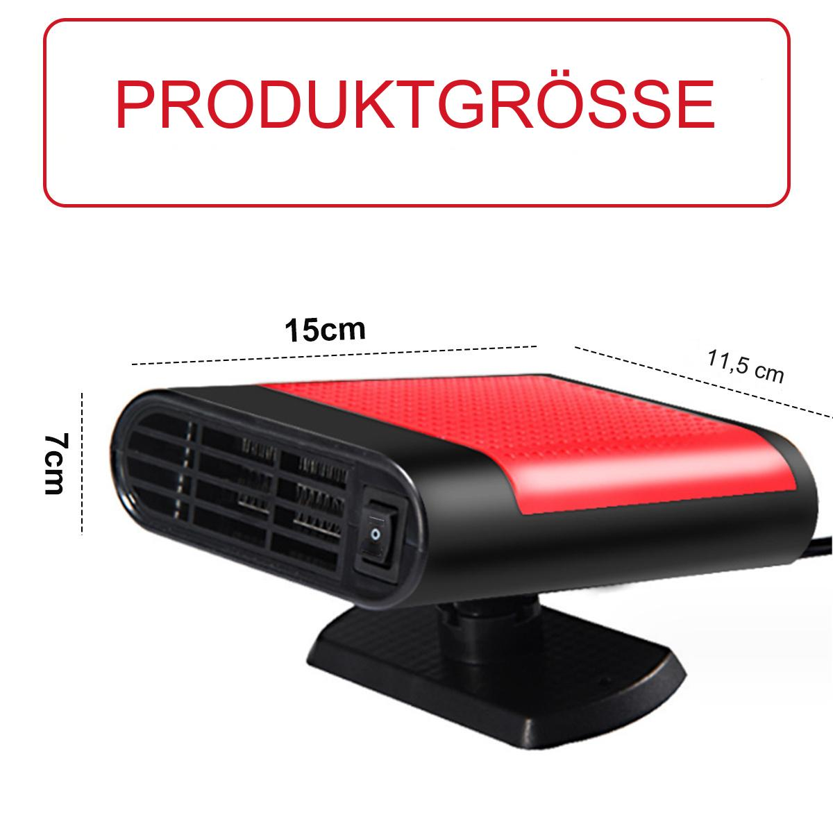 Eine rot-schwarze Heizung für Autos mit Maßangaben. Text: Produktgröße. Abmessungen: 15 cm x 7 cm x 11,5 cm.
